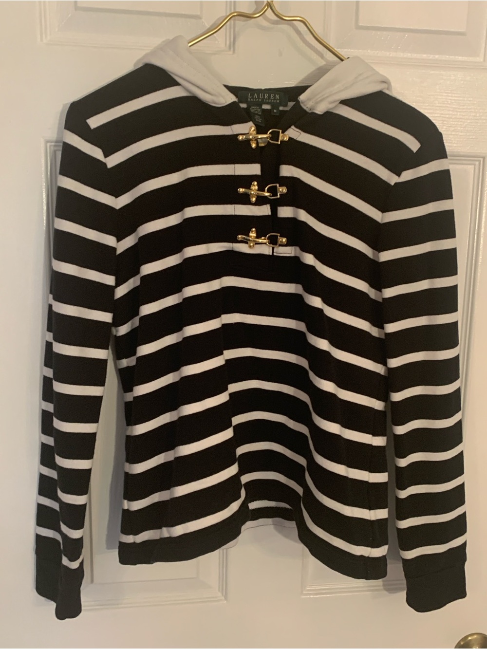 Lauren Ralph Lauren Black & White Striped Toggle Pullover Sweater – M